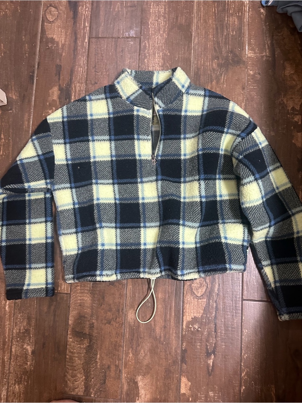 American Eagle Outfitters Navy & Cream Plaid Cropped Quarter-Zip Sweater
